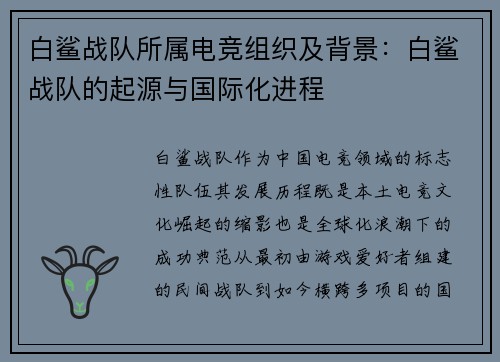 白鲨战队所属电竞组织及背景：白鲨战队的起源与国际化进程