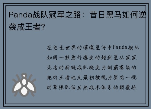 Panda战队冠军之路：昔日黑马如何逆袭成王者？